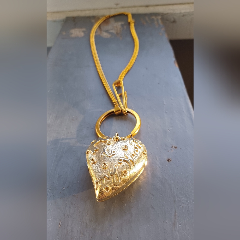 Vintage 60s oversized yellow gold metal heart locket charm & fob chain necklace